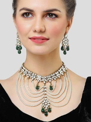 Pearl Beaded and Green Tumble Kundan Choker Necklace Set for Women